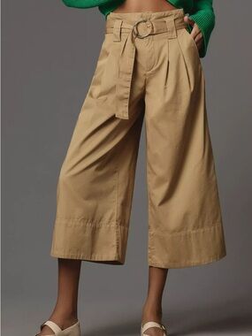 Anthropologie Maeve Tan Wide-Leg culotte Cropped Belted work Pants trousers 16